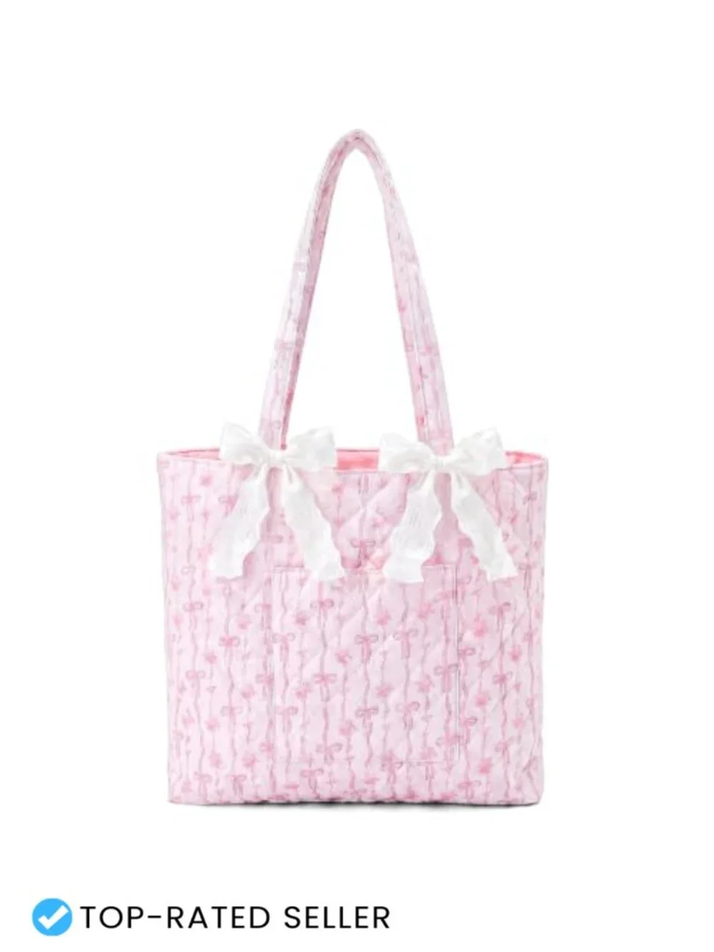 Quilted Tote Bag with Bow Floral Shoulder Bag Cotton Handbag for Work Travel